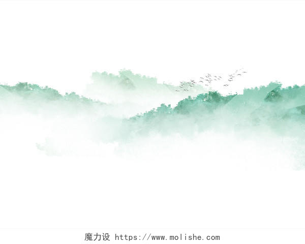 绿色水墨中国风山水飞鸟大山PNG素材